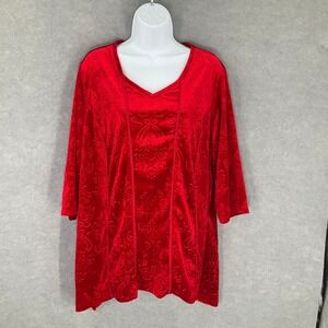 Catherines Womens Top 1XWP Red Petite 3/4 Sleeve Velvet Damask Holiday‎ Party
